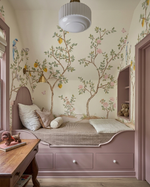 Birdsong Orchard chinoiserie bird mural by Anewall styled in a nursery
