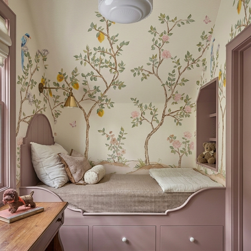Birdsong Orchard chinoiserie bird mural by Anewall styled in a nursery
