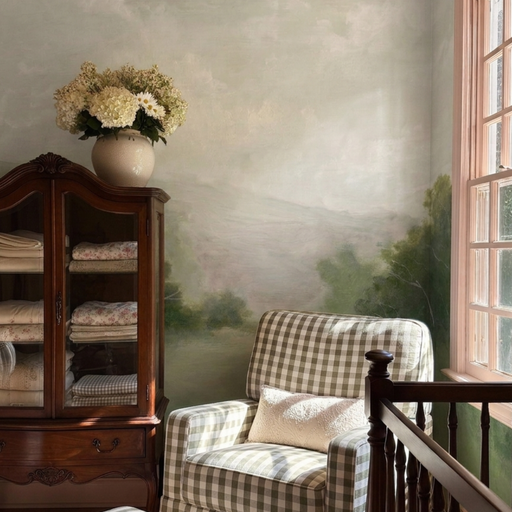 Summer Valley hand-painted meadow landscape peel and stick mural by Anewall styled in a living room
