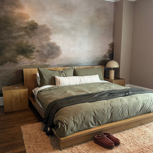 Veiled Creek Mural by Anewall, landscape wall mural, oil painted mural, dusk sky mural, dramatic landscape mural, Texan landscape mural, moody wall mural, French country wall mural, farmhouse dining room mural, English cottage mural, moody nursery mural, vintage landscape mural, scenic wall mural bedroom, living room landscape mural, statement wall mural, hand painted landscape mural, Tessa Brown Collection mural, artist collaboration mural, renter friendly wall mural, damage free mural, peel and stick land