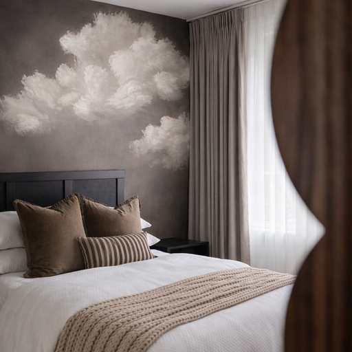 Velvet Clouds moody taupe painted cloud wall mural by Anewall styled in a master bedroom
