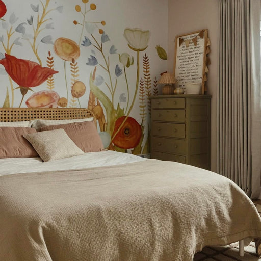 Wildflower Mural by Anewall, wildflower wall mural, poppy mural wallpaper, floral wall mural nursery, auburn floral mural, golden floral wall mural, oversized floral mural, bold floral mural nursery, crimson poppy wallpaper, botanical floral mural, kids room floral mural, nursery floral wall mural, playroom wall mural, girls nursery mural, gender neutral floral mural, bedroom floral mural, living room floral mural, large scale floral mural, statement wall floral mural, renter friendly wall mural, damage fre