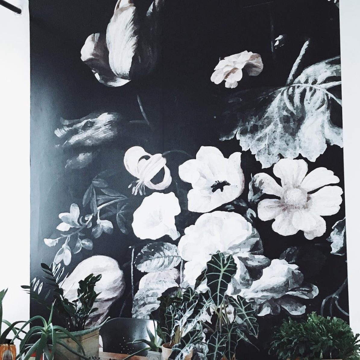 still life floral mural black wallpaper